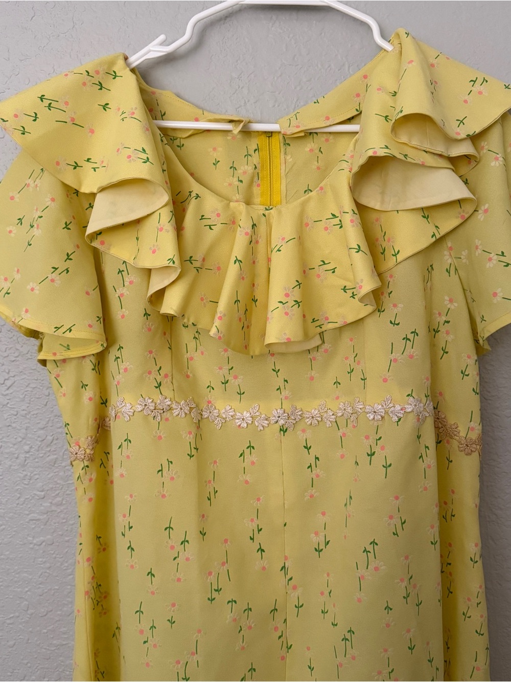 Vintage 1960s 1970s Sunny Yellow Ruffle Neck Maxi Dress - Picture 7 of 9